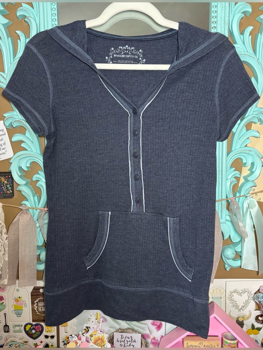 Mossimo Supply Co Blue Short Sleeve Hooded Henley Top Juniors Size X-Large Y2K